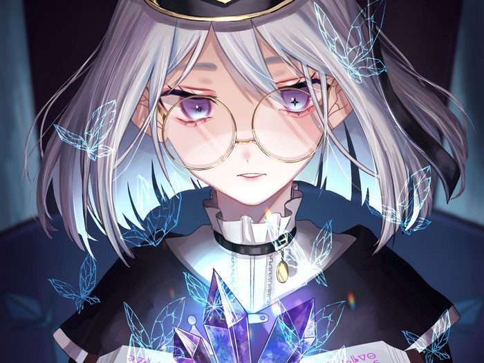 Anime girl with silver hair and glasses holding crystals