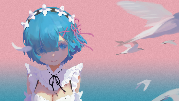 Rem from Re:Zero in a maid outfit with birds