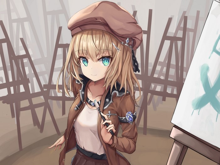 Anime girl with blonde hair and aqua eyes wearing a beret