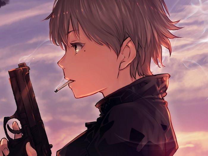 Anime boy with gun and cigarette at sunset