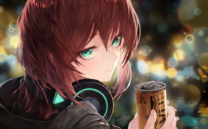 Anime girl with headphones holding a can