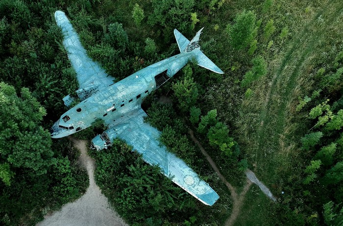 Abandoned aircraft wreck in a forest
