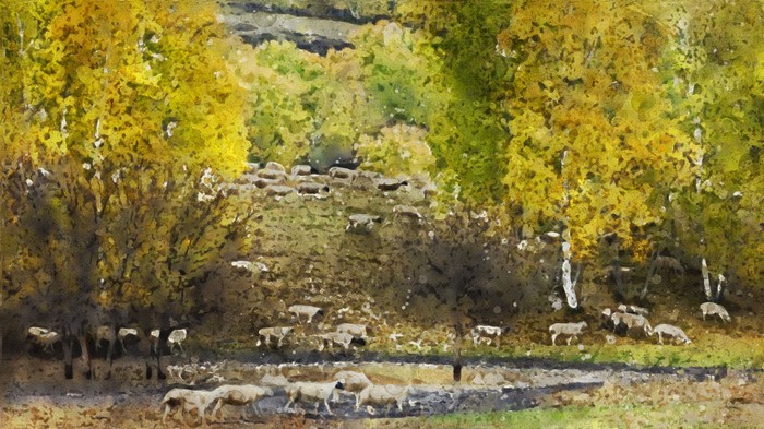 Sheep grazing in a forest during autumn