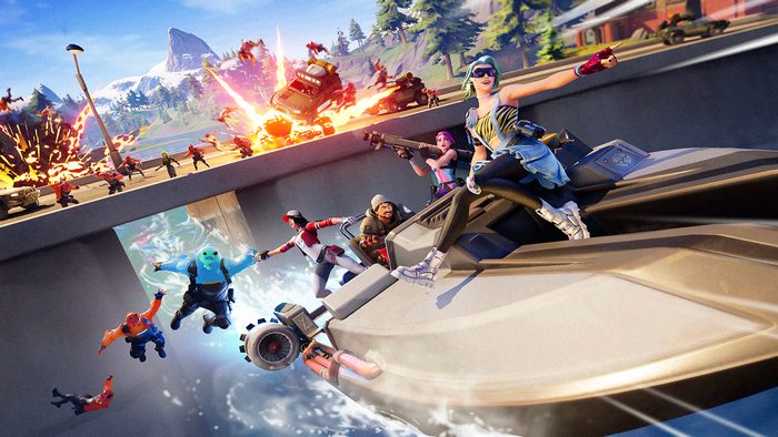 Fortnite characters on a boat with explosions in the background
