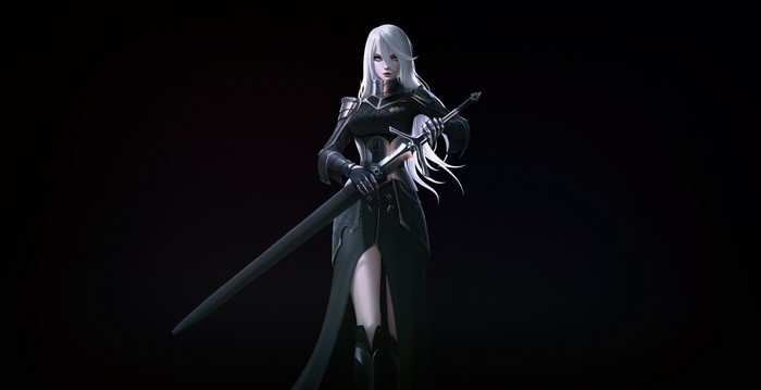 Fantasy woman with white hair holding a sword