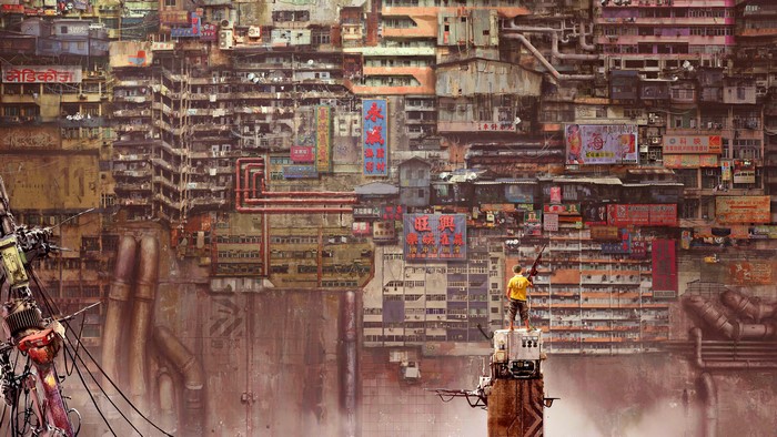 Cyberpunk Cityscape with a Person on a Platform