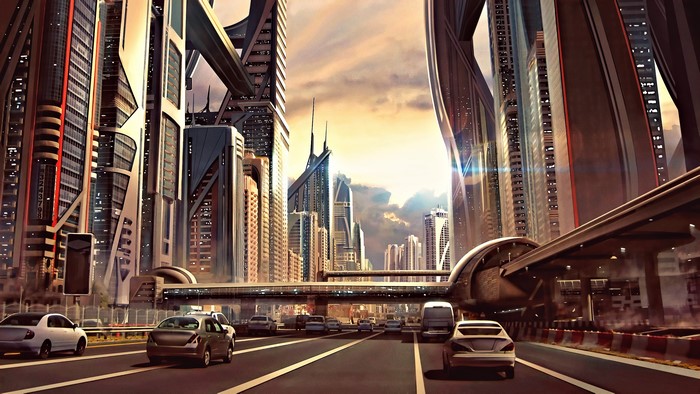 Futuristic Cityscape with Cars and Monorail