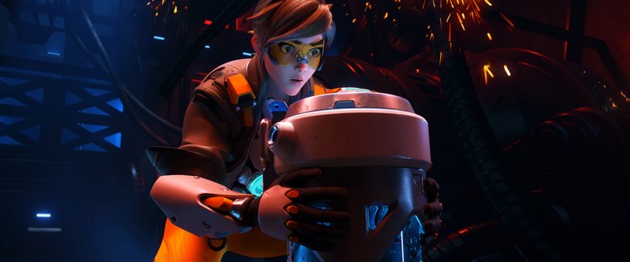 Tracer from Overwatch interacting with a device