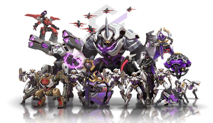 Robotic characters from Overwatch 2 on white background