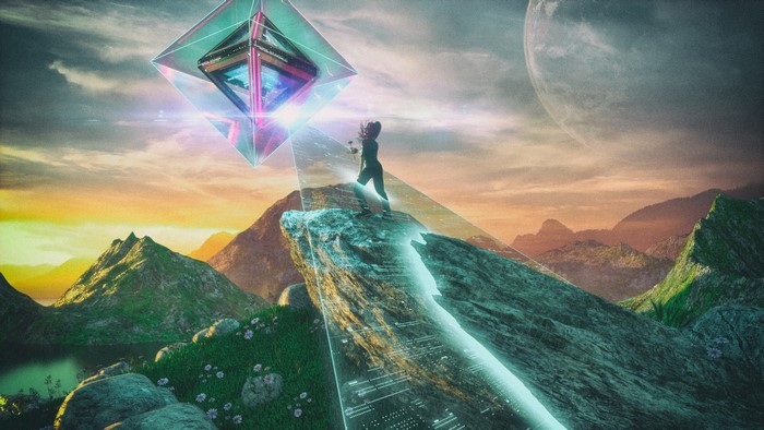 Woman on mountain peak with floating prism and planet