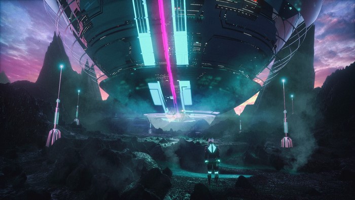 Futuristic Offworld scene with spaceship and lone figure