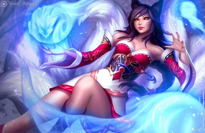 Ahri from League of Legends with blue magic