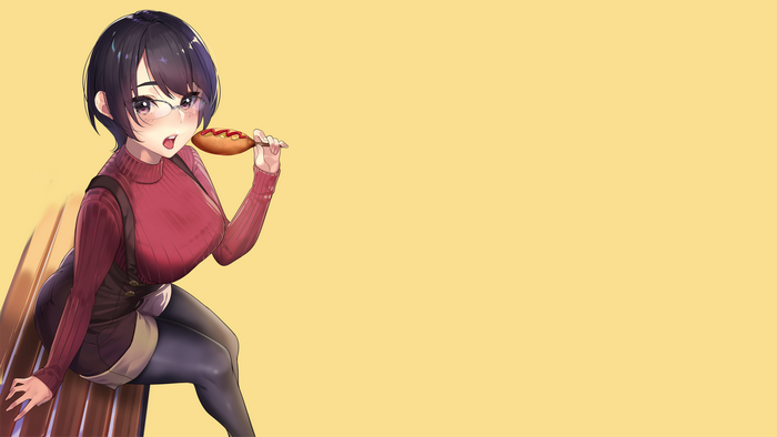 Anime girl with glasses eating a corn dog