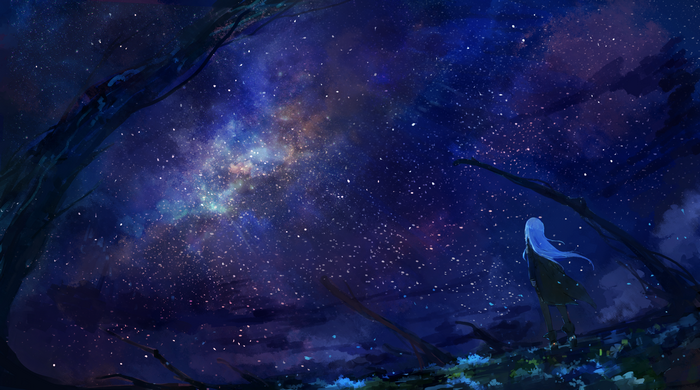 Anime girl with blue hair looking at the starry night sky