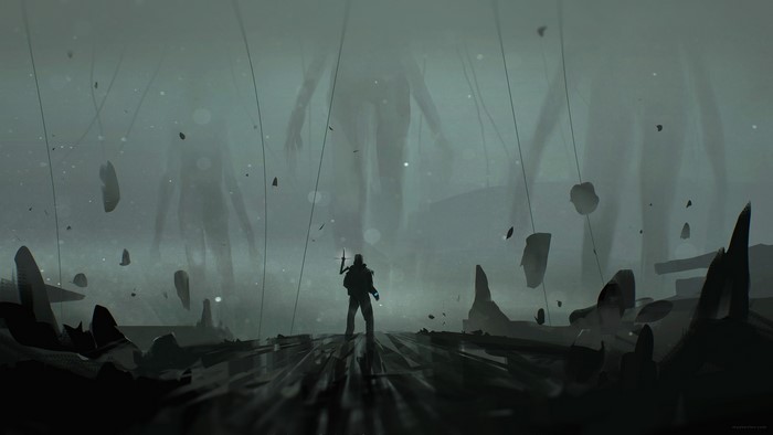 Death Stranding game art with giant figures