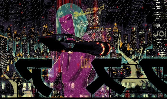 Joi from Blade Runner 2049 in a futuristic city