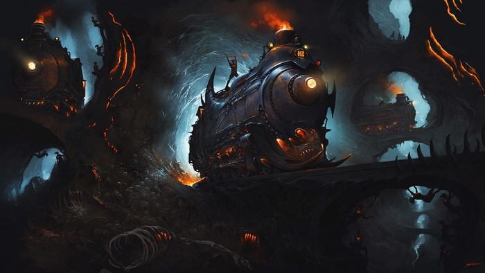 Dark fantasy artwork of a demonic train in a cave