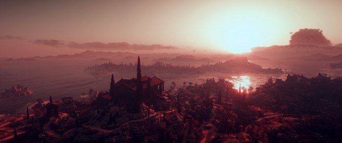 Sunset over a coastal city in Assassin's Creed: Odyssey