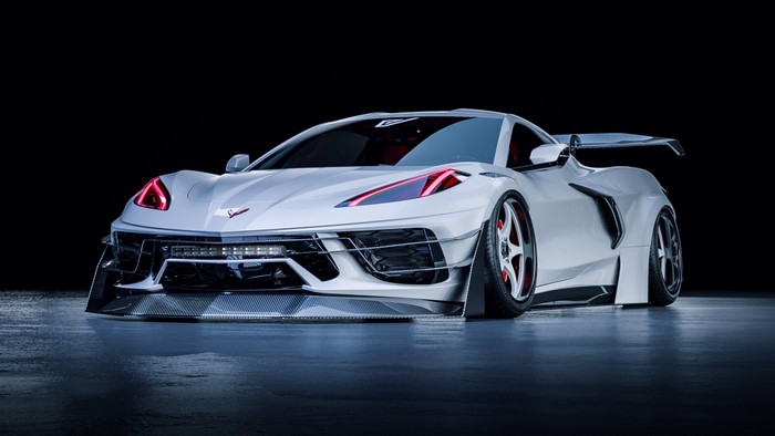 White Chevrolet Corvette C8.R Supercar with Custom Body Kit