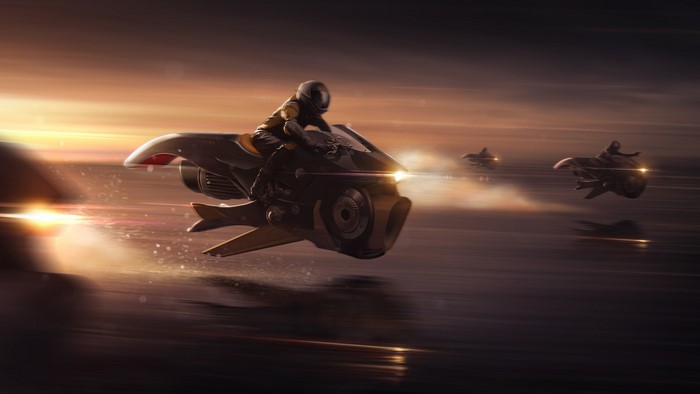 Science fiction riders on futuristic vehicles at sunset