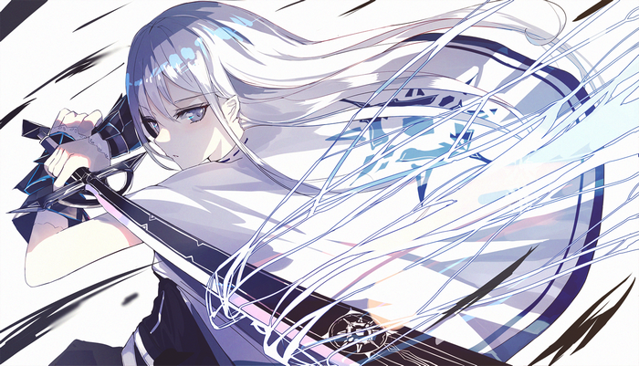 Anime girl with white hair holding a sword