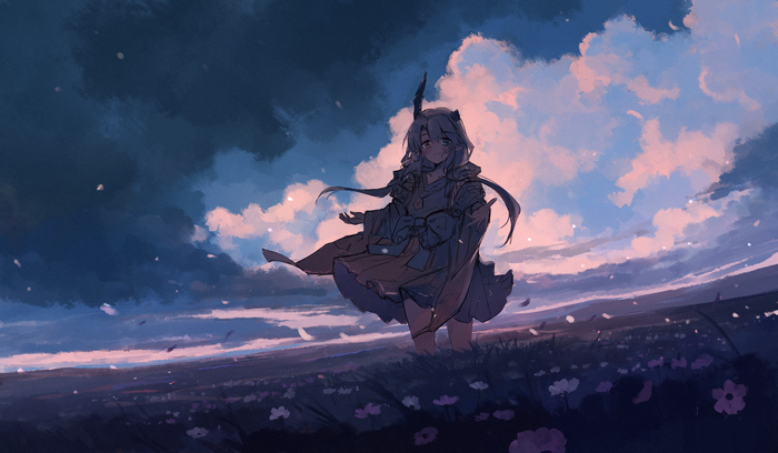 Anime girl with horns in a field of flowers at sunset