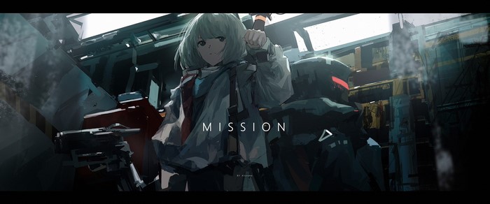 Anime girls in futuristic setting with text MISSION