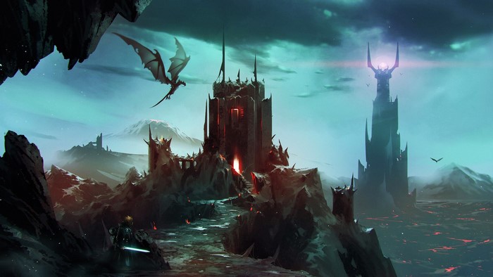Dark Fantasy Landscape with Dragon and Barad-dûr