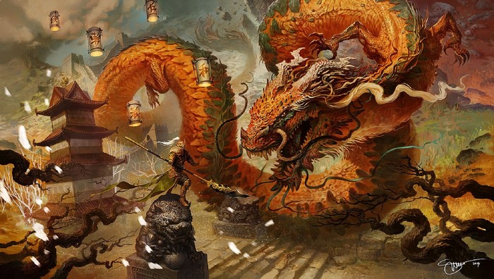 Warrior confronts a giant Chinese dragon near a pagoda