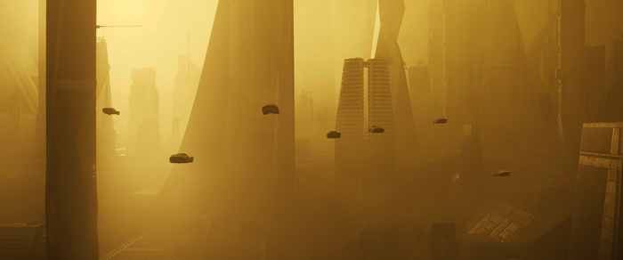 Blade Runner 2049 futuristic city with flying vehicles
