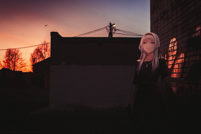 Anime girl in dark dress at sunset in Russia