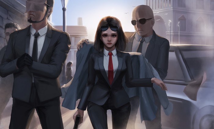 Anime girl in suit with gun, surrounded by bodyguards
