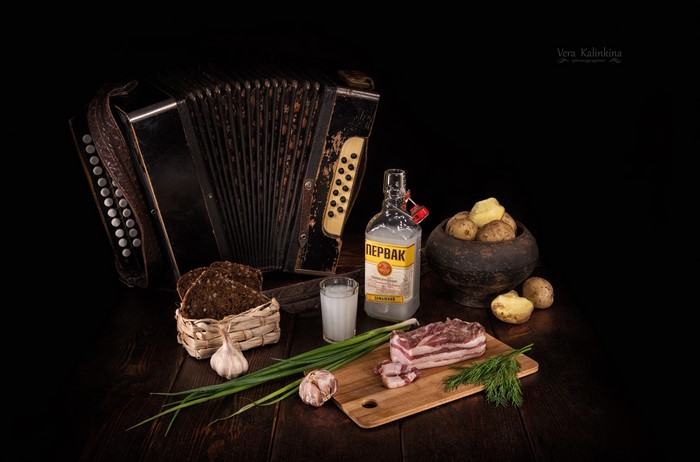 Accordion, Vodka, and Traditional Food Still Life