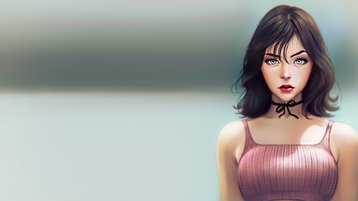 Digital painting of a woman with blue eyes and choker