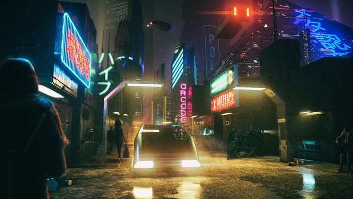 Cyberpunk city street with neon signs and flying car