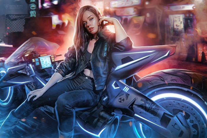 Woman in leather jacket sitting on a futuristic motorcycle