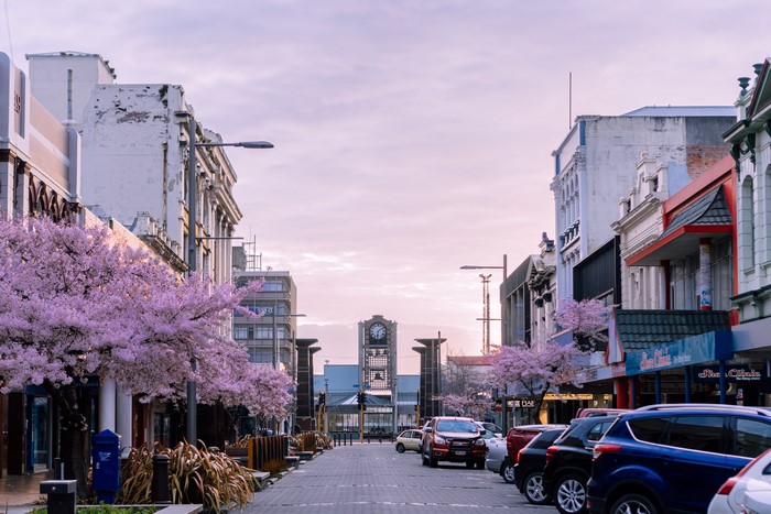 Street view of Invercargill, New Zealand during spring sunset