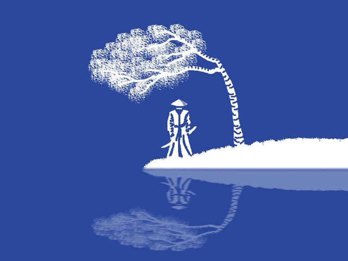 Samurai under a tree reflected in water