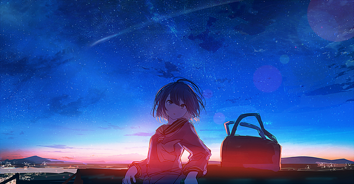 Anime girl in school uniform under starry sky