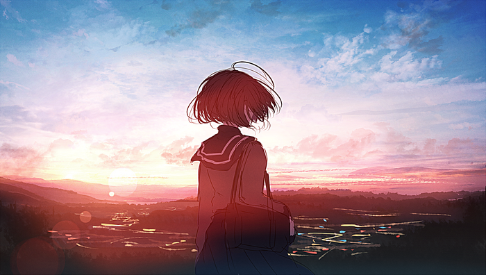 school uniform, sunset, moescape, anime girls, anime, short hair, HD ...