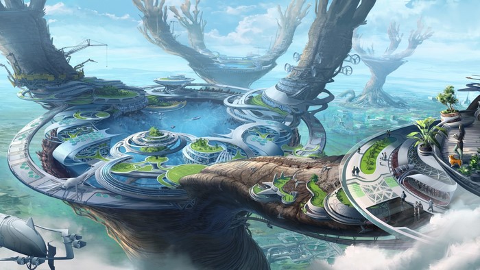 Futuristic city built on giant trees with flying vehicles