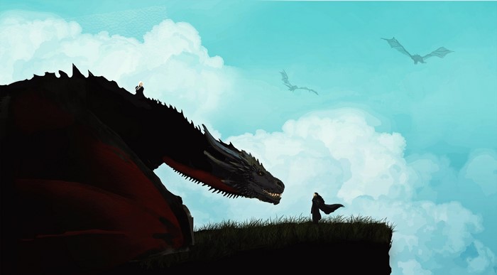 4K artwork of Daenerys Targaryen and Jon Snow with dragons from Game of Thrones
