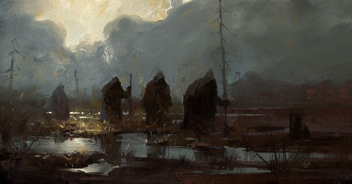 Figures in a dark, misty swamp with dead trees