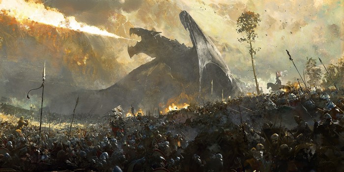 Fantasy battle with a dragon and soldiers