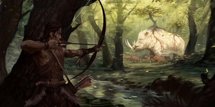 Archer hunts a giant boar in a magical forest