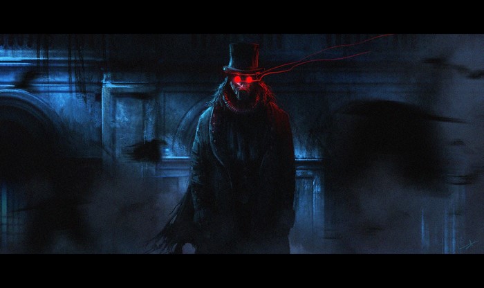 Artwork of a masked figure with red eyes