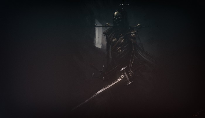 Dark fantasy art of a skeletal figure with swords