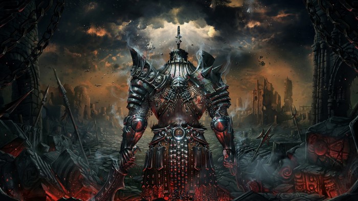 Fantasy warrior in dark, ruined landscape
