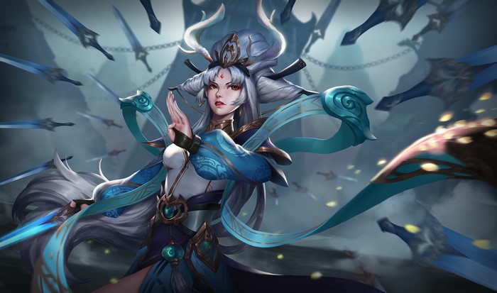 Fantasy girl with swords in the background