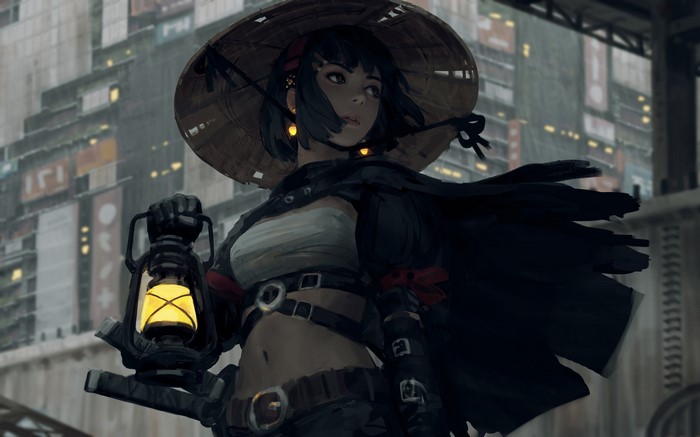 Fantasy girl with lantern and katana by GUWEIZ
